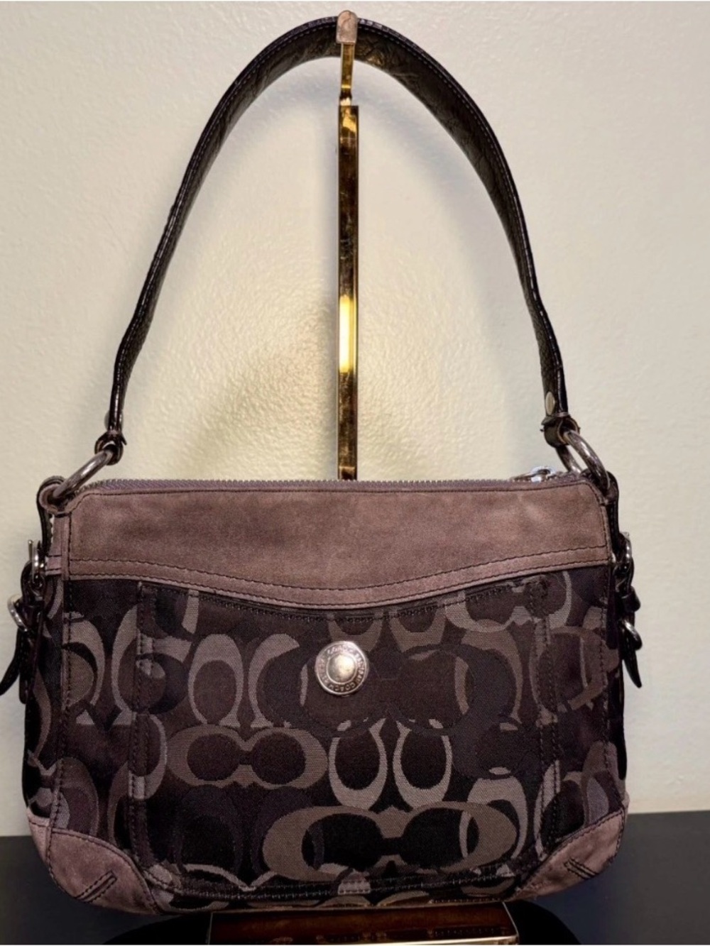 Coach Vintage 2004 Chelsea Optic Signature Grey Suede Black 7036 Shoulder Bag
